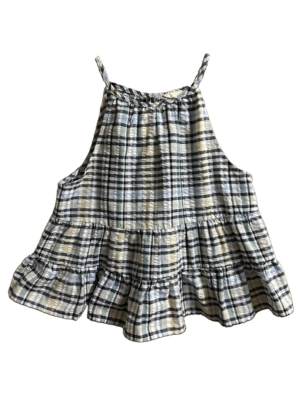 Altar'd State Gingham Plaid Tiered Halter Tank Top in White Blue Yellow Textured